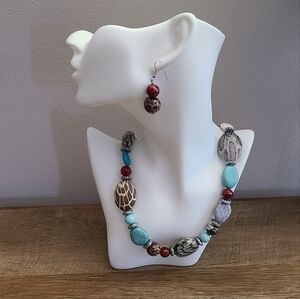 Vintage SET Animal Print & Turquoise Bead Statement Necklace with Earrings